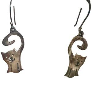 Silver 2" Figural Cat Dangle Earrings Handcrafted HOB Mexico 925 Kitten Kitty